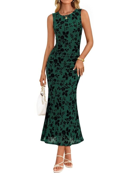 Dresses & Skirts - 🆕Women's Darkgreen Sleeveless Floral Bodycon Maxi Dress Ruched Mesh Party Dress